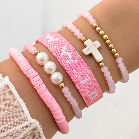 5pcs Handmade Pink Weave Bracelets